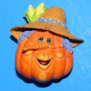 Vintage Signed Shining Bright Pumpkin Scarecrow Brooch Pin Halloween Fall Autumn